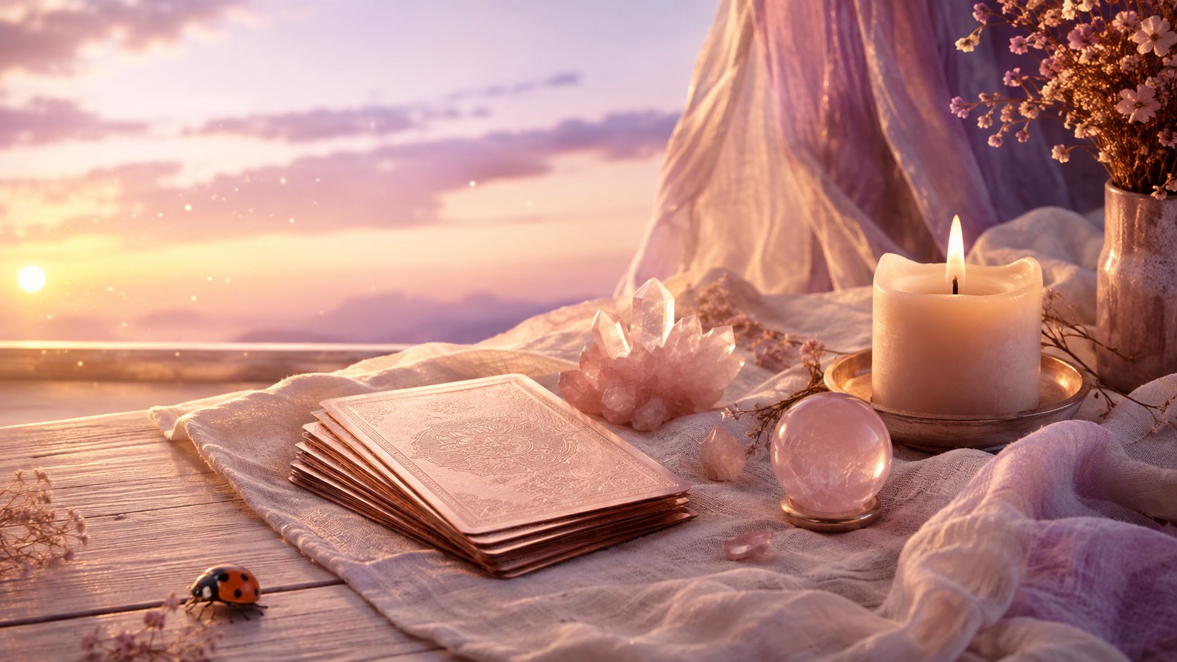 Tarot Naige — cartas, cuarzo rosa y bola de cristal al atardecer